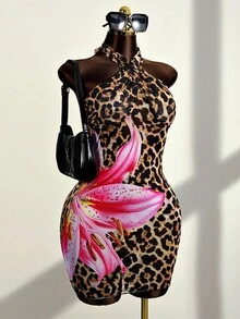 Zestiva Women's Sexy Positioning Leopard Print Backless Crossed Front Hem Skirt Cover-Up, Summer - Multicolor - View 3