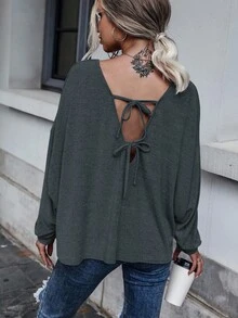 SHEIN LUNE Women's Solid Color Bat Wing Backless Tie Long Sleeve Loose T-Shirt - Grey - View 6