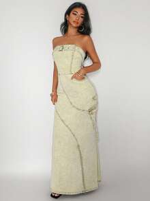 Jeanoix Women's Retro Denim Tube Dress - Mustard Yellow - View 7