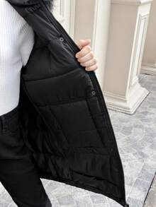SHEIN Manteau long matelassé à capuche et fermeture éclair pour filles préadolescentes, avec poches, polyvalent pour les sorties, automne/hiver - Noir - Voir 18