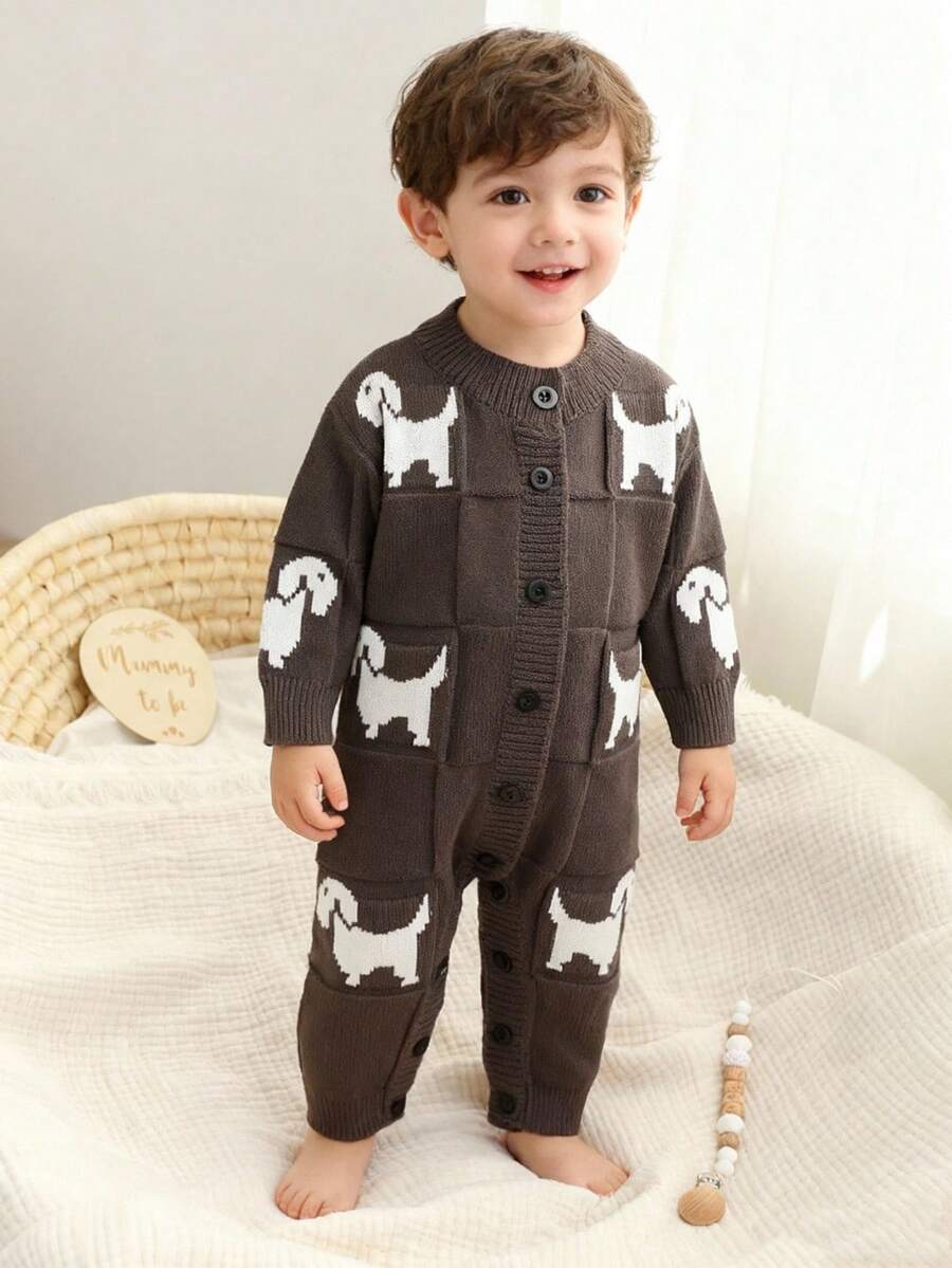 SHEIN Baju Terusan Bayi Laki-Laki, Rompi Rajut untuk Musim Gugur/Dingin, Baju Terusan Rajut Lembut Motif Anak Anjing Lucu, Cocok untuk Bayi Baru Lahir, Nyaman untuk Jalan-jalan dan Bersantai - Grey - View 1