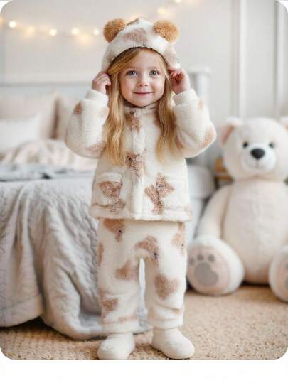 SHEIN Babygirl Cute Cartoon Pattern Hooded Jumpsuit Loungewear, Autumn/Winter Fall