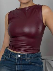 Melissa Matos 女士纯色褶饰圆领休闲吊带背心 - 酒紅色 - 查看 5