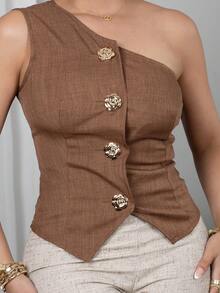 Melissa Matos 时尚百搭 S 形黑色金属扣装饰性感不对称领口上衣，适合春夏季女士 - 咖啡棕 - 查看 6