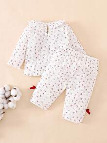 SHEIN Neugeborenen Soft & Komfortabel Rundhals Schleife Dekor Langarm Oberteil und Hose Set, Herbst/Winter