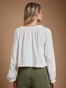 WESTFADE 100% 竹节针织棉 V 领长泡泡袖蝴蝶结前摆上衣可爱秋季上衣，女士休闲波西米亚风，乡村西部音乐会，秋季，秋季，冬季 - 白色 - 查看 2