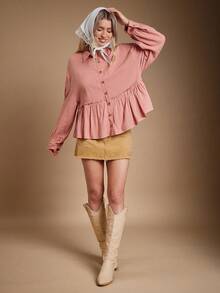 WESTFADE Collared Button Front Ruffle Peplum Long Sleeve Shirt Cute Fall Tops, Casual Cowgirl, Fall, Autumn, Boho, Winter, Country Concert, Western Wear For Women - Pink - View 1