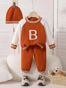 SHEIN 3pcs Baby Boy Stylish & Cute Outfit Set, Including Orange Baseball Style Sweater, Matching Pants, And Adorable Knit Hat, Perfect For Outings And Family Gatherings In Spring, Autumn And Winter - Rust Brown - View 1
