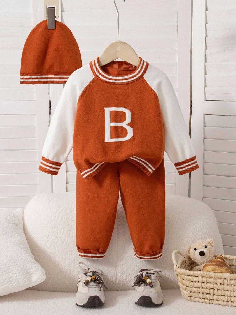 SHEIN 3pcs Baby Boy Stylish & Cute Outfit Set, Including Orange Baseball Style Sweater, Matching Pants, And Adorable Knit Hat, Perfect For Outings And Family Gatherings In Spring, Autumn And Winter - Rust Brown - View 1