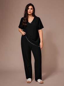 Lazeform Comfortable Ribbed Knit Casual Plus Size Pajama Set - Black - View 5
