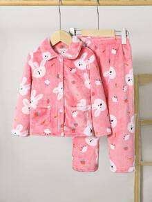 2pcs Cardigan Fleece Cute Rabbit Pattern Pajamas, Fashionable Loungewear Set - Pink - View 1