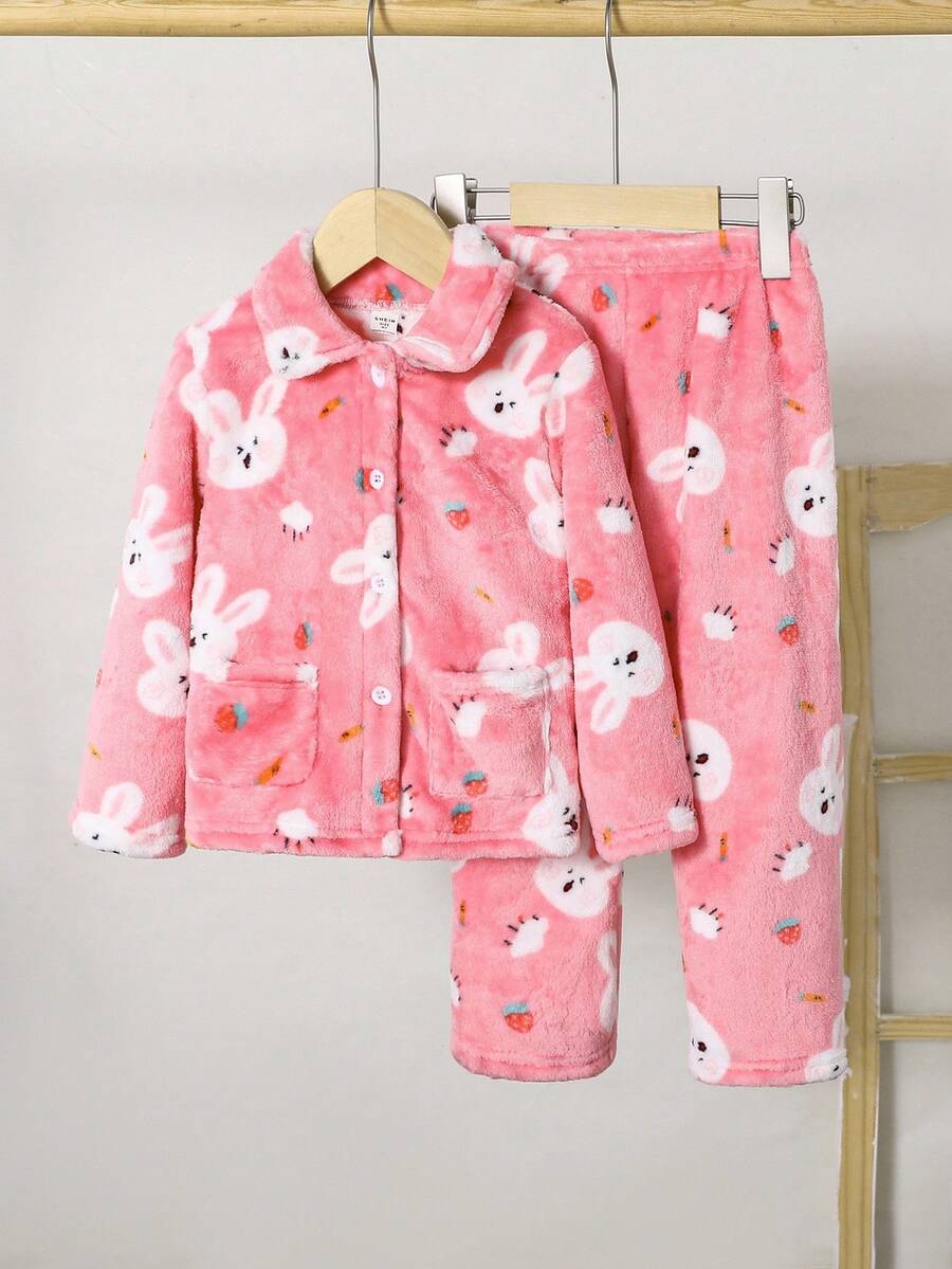 2pcs Cardigan Fleece Cute Rabbit Pattern Pajamas, Fashionable Loungewear Set - Pink - View 1
