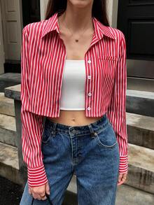 SHEIN Unity 女式条纹长袖单排扣休闲/工作衬衫 - 紅色 - 查看 6