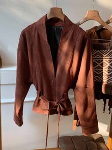 Comfortcana Women's Solid Color Waist Belt Casual Long Sleeve Regular Jacket Brown Blazer Women Brown Blouses Brown Jacket Coffee Brown Top Autumn Winter Clothes For Women - Brown - View 4