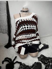 Sunspun Suéter de punto calado de estilo oscuro Y2K para mujer de talla grande, con patrón de ganchillo blanco y negro, adecuado para primavera, verano, otoño, vacaciones y vuelta al colegio - Café integral - Ver 4