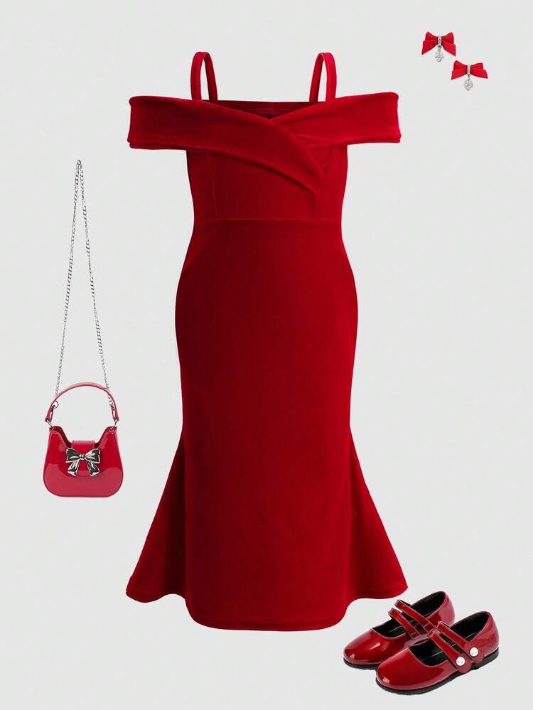 SHEIN Young Girls' Cold Shoulder Slit Mermaid Dress, Suitable For  Christmas, Party, Birthday, Princess Outfit, Autumn/Winter, Sisters Cherry  Outfit Girl Dress Girl Teem Red Dress Red Outfit Red Accessories Cherry Outfit  Women