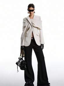 LYSMO 女士纯色不对称领长袖优雅西装外套 - 杏色 - 查看 8