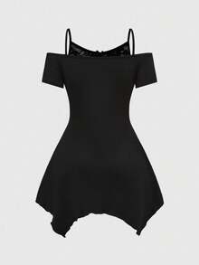 ROMWE Áo thun hở vai tay ngắn họa tiết quạ và cây chết Gothic Dark Forest, viền bất đối xứng, ren chắp vá, màu đen, họa tiết cây leo Gothic cho nữ - màu đen - Xem 2