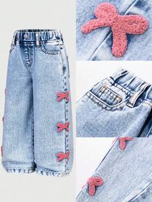 SHEIN 女童百搭时尚破洞直筒蓝色牛仔裤 - 藍色 - 查看 11