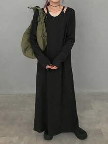 FRIFUL Women's Textured Fabric Straight Long Sleeve Dress, Autumn Long Shirts Long Sleeve Tops Ribbed Shirt - Black - View 2