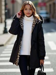 Sparklyn Teen Girls Black Hooded Zip-Up Casual Jacket, Cinched Waist, Leopard Print Lining, Suitable For Daily Commute And Dates, Autumn/Winter - Black - View 1