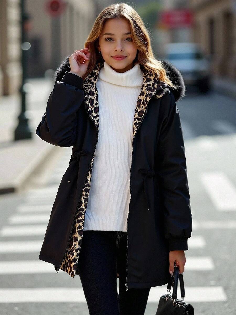 Sparklyn Teen Girls Black Hooded Zip-Up Casual Jacket, Cinched Waist, Leopard Print Lining, Suitable For Daily Commute And Dates, Autumn/Winter - Black - View 1