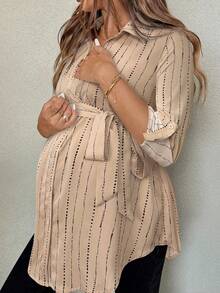 SHEIN 秋季、孕妇款卷边袖系带衬衫，印花图案，休闲通勤装，春秋季条纹衬衫 - 卡其色 - 查看 5