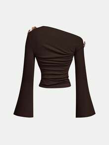 SHEIN MOD Women's Fashion Commuter Brown Asymmetric Collar Flare Sleeve T-Shirt,Brown Top