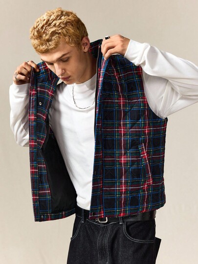 Street Life Men's Plaid Single-Breasted Pocket Casual Vest, Winter Jacket