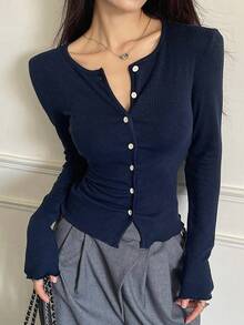 DAZY Áo khoác cardigan dáng ôm cổ tròn họa tiết gân đơn giản tay dài cho nữ, quần áo mùa thu cho nữ - Màu xanh hải quân - Xem 1