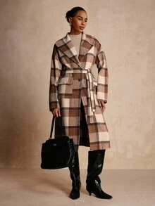 Lyxana Áo khoác ngoài dài thắt eo kẻ caro cho nữ - màu nâu - Xem 1