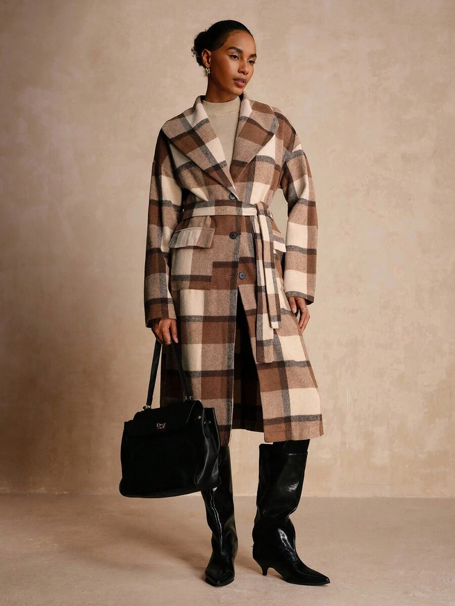 Lyxana Áo khoác ngoài dài thắt eo kẻ caro cho nữ - màu nâu - Xem 1