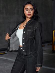 SHEIN 女士时尚休闲牛仔夹克 - 黑色 - 查看 4