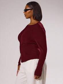 MUSERA 大码修身长袖纽扣上衣，优雅高贵，适合度假、节日、可爱浪漫的90年代Y2K风格春夏复活节 - 酒紅色 - 查看 4