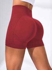 Easithlete 女式扎染瑜伽短裤，高腰提臀运动短裤 - 酒紅色 - 查看 1