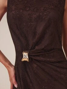 COSMINA Women's Elegant Metal Decor Sleeveless Split Dress, Summer - Brown - View 6