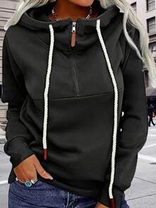 INAWLY Sudadera con capucha casual con cremallera y cuello dividido, talla grande, para mujeres, para graduación, maestros, de vuelta a la escuela, otoño e invierno - Negro - Ver 3