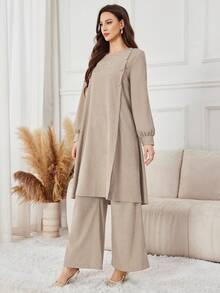 Yasmyna 2件套女士休闲纯色纽扣装饰开叉下摆加长上衣和阔腿裤套装，杏色，秋冬 - 卡其色 - 查看 4