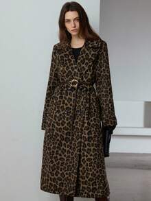 Aveloria Modichic Abrigo largo con cinturón y estampado de leopardo para mujer, otoño/invierno - Marrón - Ver 3