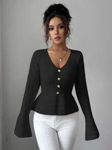 Elenzga Fashionable V-Neck Flare Sleeve Long Sleeve Women Sweater