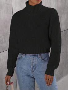 EMERY ROSE Áo len chui đầu dáng rộng tay dài cổ cao hở vai màu trơn cho nữ, mùa thu/đông - màu đen - Xem 4