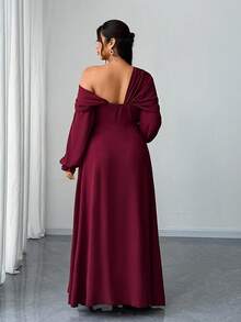 Elenzga 大码女式优雅浪漫派对/婚礼宾客雪纺不对称领口长袖 A 字高开衩长裙，春/秋/冬 - 酒紅色 - 查看 2