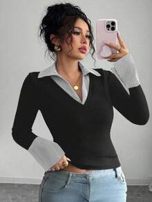 Elenzga 女式加大码优雅撞色领口和袖口设计修身高弹力罗纹面料休闲长袖上衣 - 彩色 - 查看 1