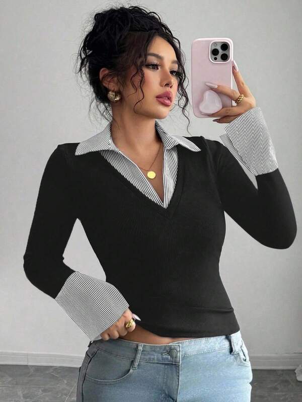 Elenzga Blusa de manga larga casual de talla grande para mujer, con diseño de cuello y puños de contraste, de tela elástica acanalada y ajustada