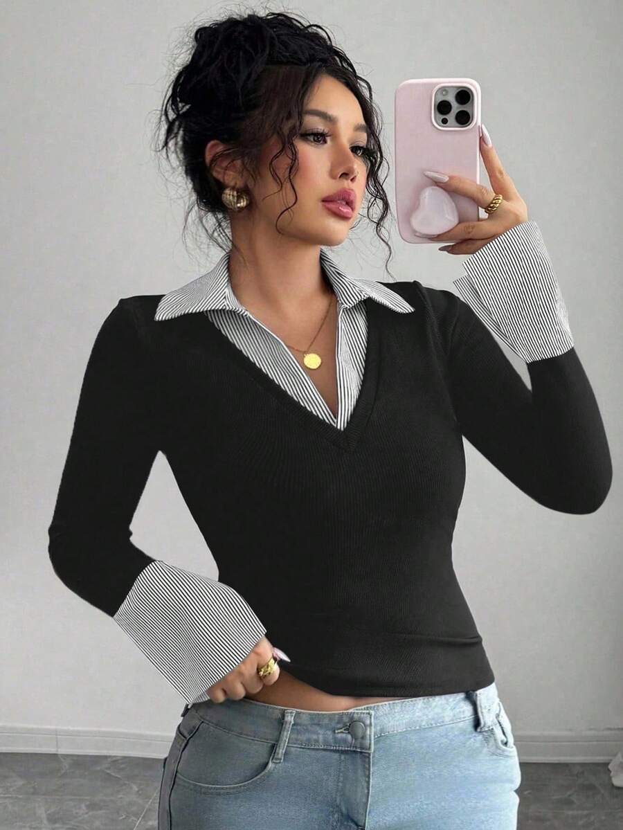 Elenzga 女式加大码优雅撞色领口和袖口设计修身高弹力罗纹面料休闲长袖上衣 - 彩色 - 查看 1