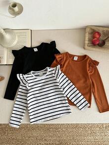 LMoss Kids LMoss 3pcs Baby Girl Solid Color Knit Crew Neck Flutter Sleeve Casual Top,Suitable For Autumn And Winter Wear,Baby Girl Long Sleeve Top, Infant Girl Tops, Toddler Flutter Sleeved Tops,Cozy Fall & Winter Styles - Multicolor - View 5