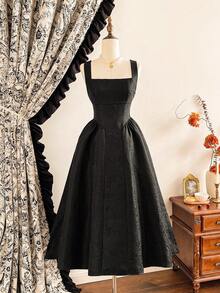 Vintamour 复古优雅女士连衣裙，带口袋，提花面料，度假风连衣裙，优雅派对礼服，长款派对礼服，女士派对礼服，秋季女装，万圣节服装，冬季服装，圣诞节冬季连衣裙 - 黑色 - 查看 8