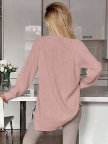 EURMUSE Cable Pattern Mock Neck Raglan Sleeves Mini Sweater Dress - Pink - View 3