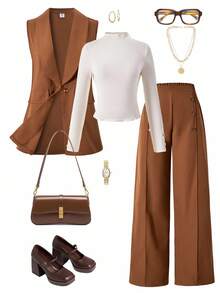 3pcs Casual Sleeveless Blazer Set (Including Long Sleeve Top And Pants) For Teen Girl Suitable For Daily Casual And Commuting Wear - Brown - View 3