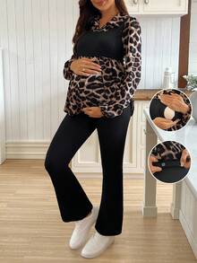 SHEIN 2件套孕妇豹纹拼布哺乳衬衫和喇叭裤套装 - 黑色 - 查看 1